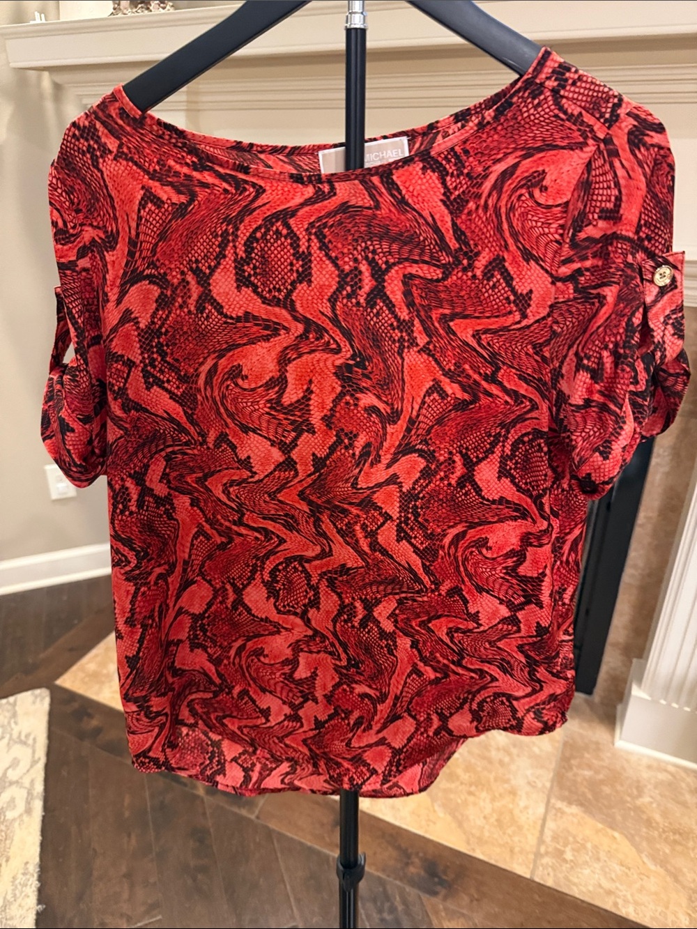 Michael Kors Red and Black Swirl Print Short Sleeve Blouse
